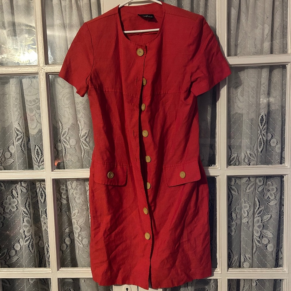 Vintage 1960s-70s Positive Attitude Red Button Down Shirt Dress
